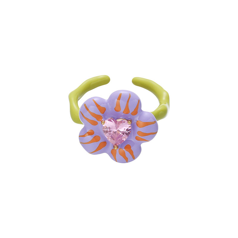 3D Floral Heart Open Ring — purple ring, view 5