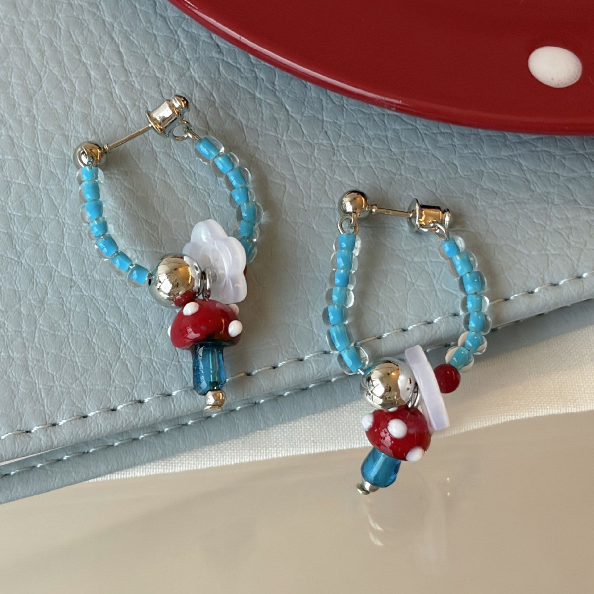 Mushroom Pendant Chain Earrings — blue earrings, view 2
