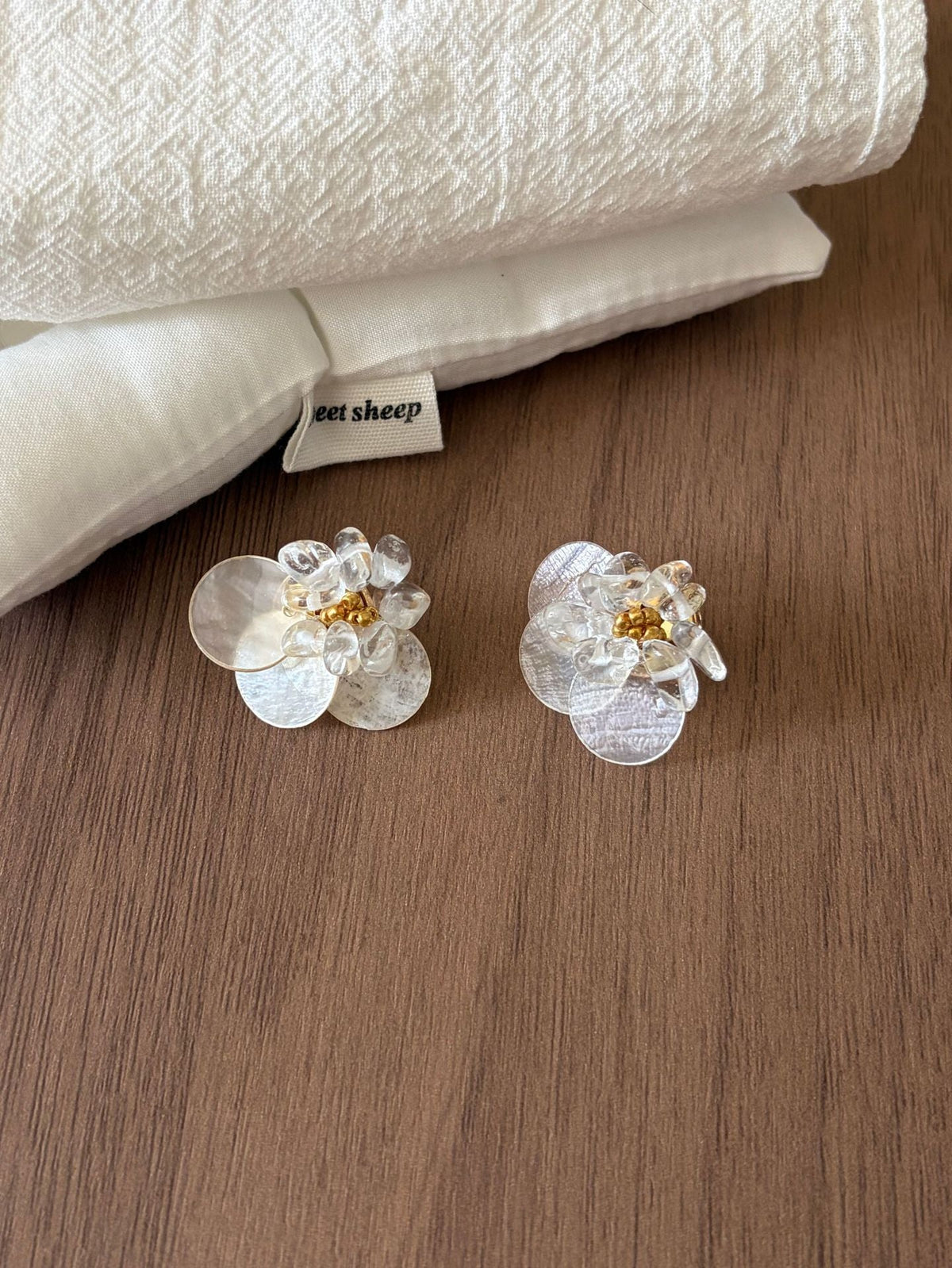 Shell Disc Beaded Stud Earrings — earrings, view 2