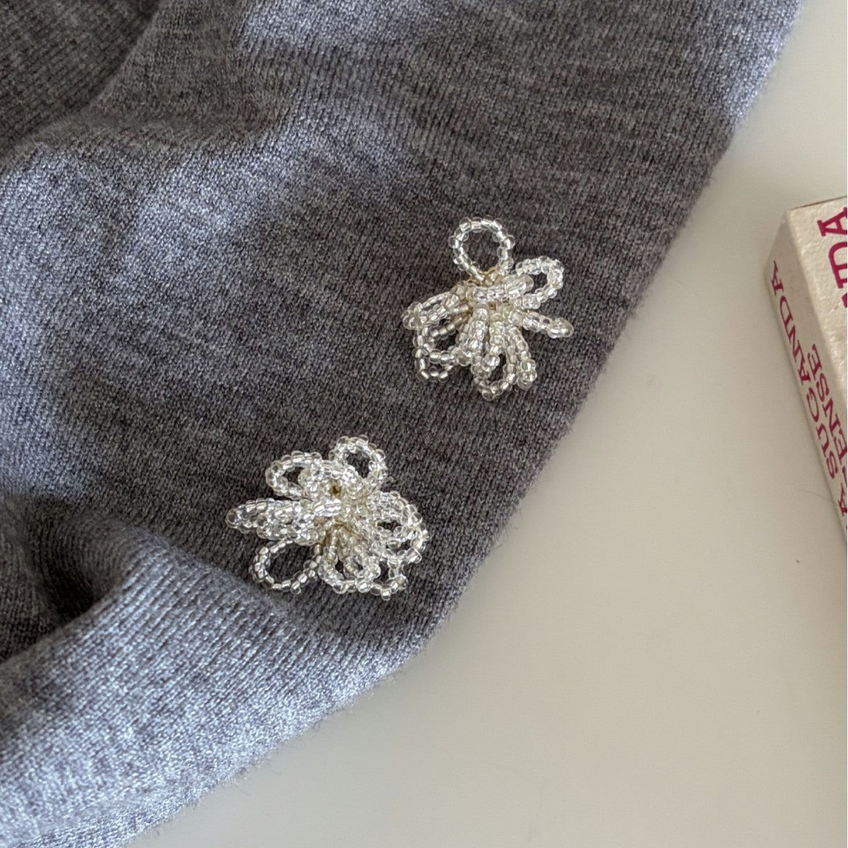 Beaded Chain Floral Stud Earrings — transparent earrings, view 2