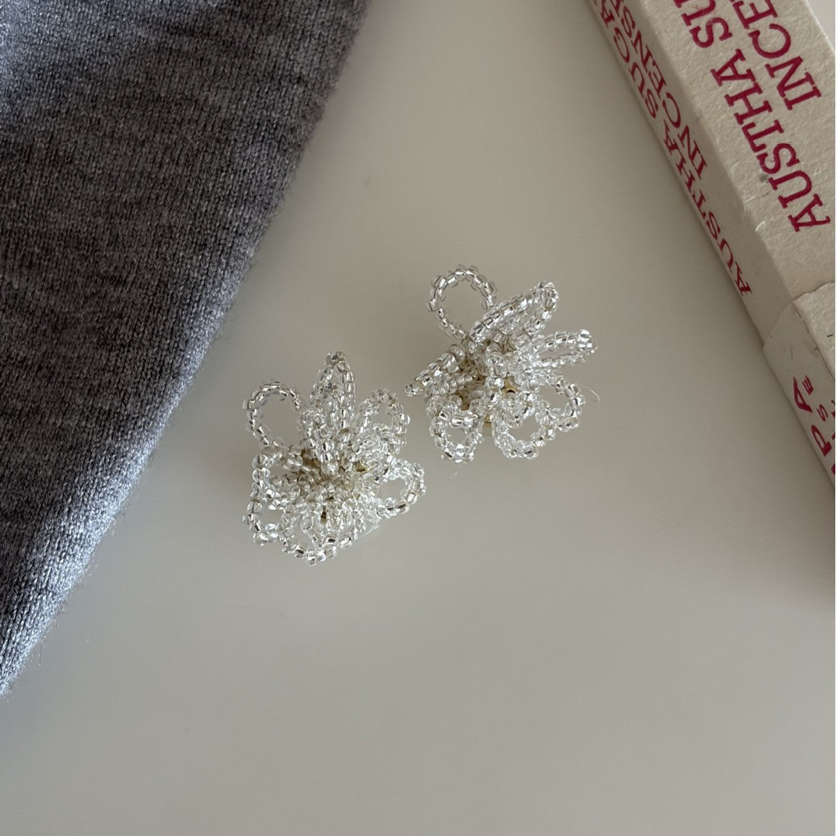 Beaded Chain Floral Stud Earrings — transparent earrings, view 3