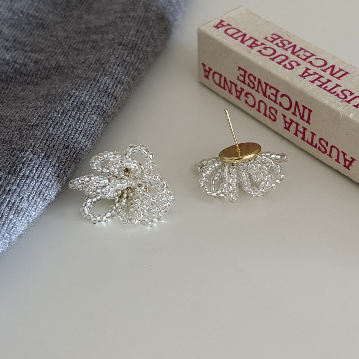 Beaded Chain Floral Stud Earrings — transparent earrings, view 4