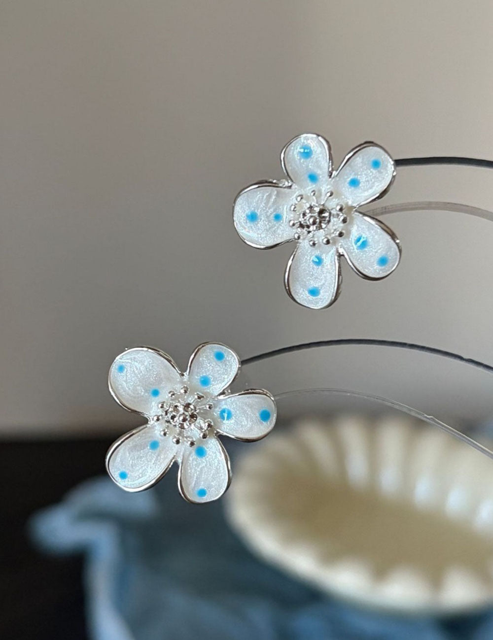 Polka Dot Floral Stud Earrings — white earrings