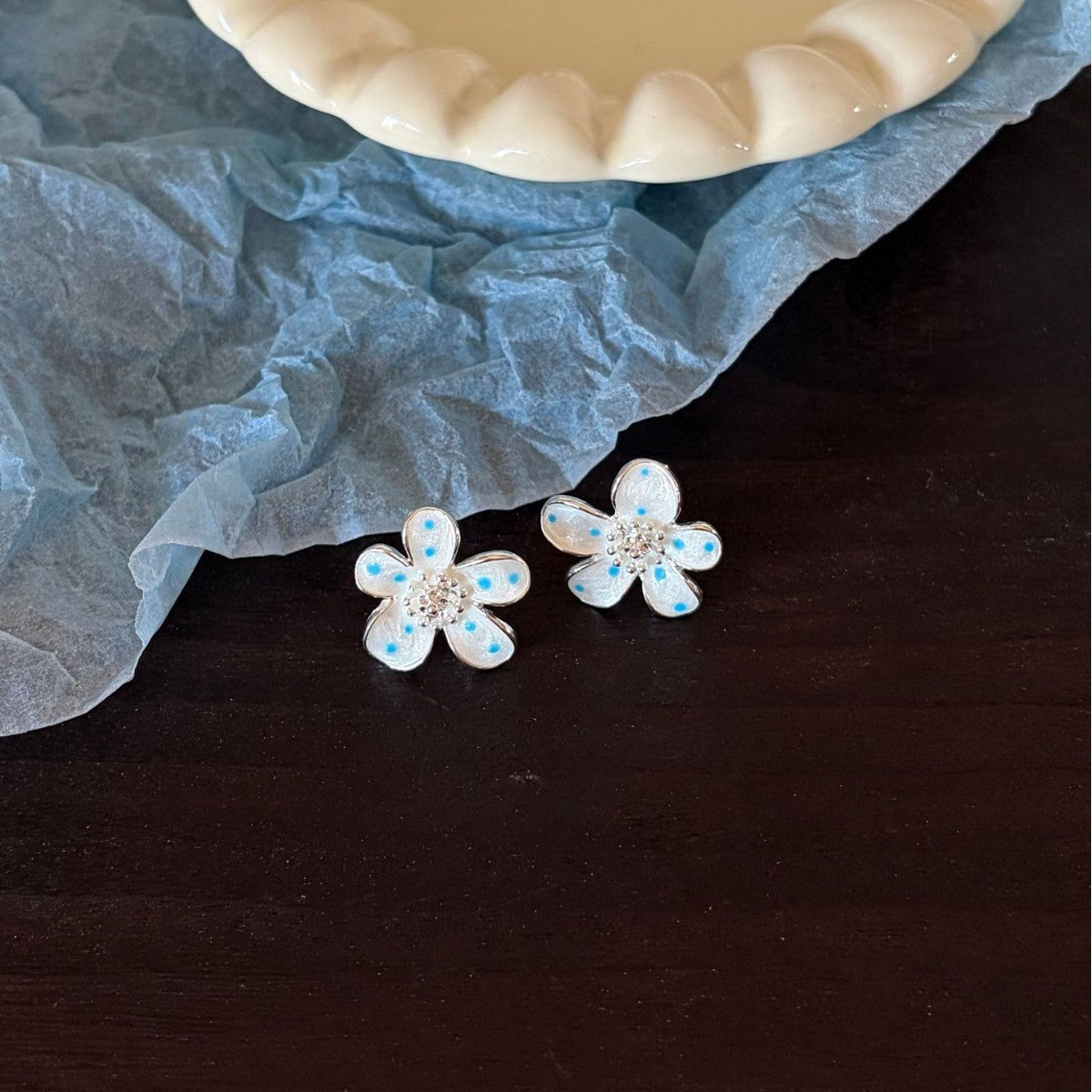 Polka Dot Floral Stud Earrings — white earrings, view 2