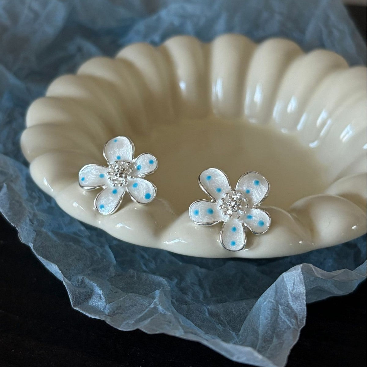 Polka Dot Floral Stud Earrings — white earrings, view 3