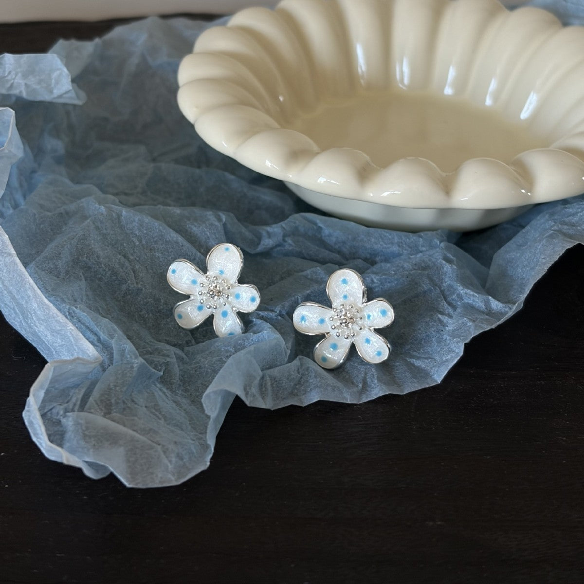 Polka Dot Floral Stud Earrings — white earrings, view 4