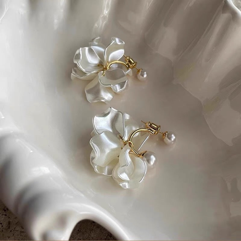 3D Layered Floral Stud Earrings — white earrings, view 2
