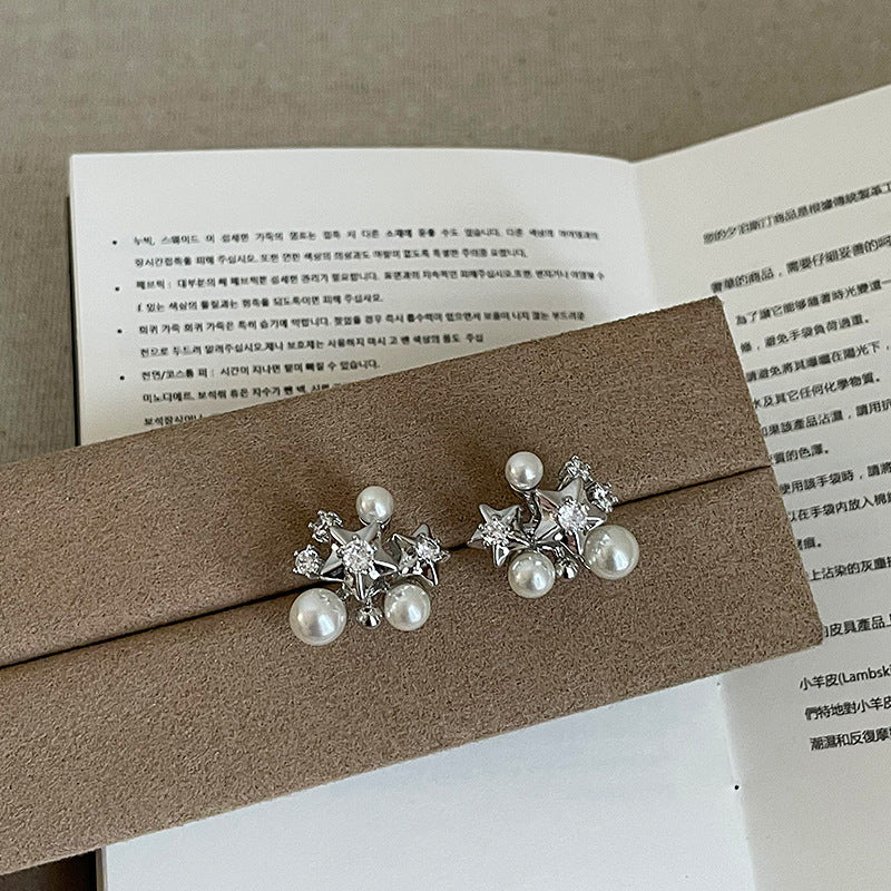 Star Pearl Rhinestone Stud Earrings — silver earrings, view 2
