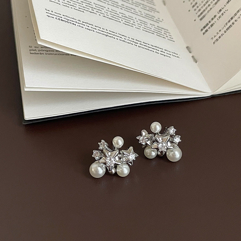 Star Pearl Rhinestone Stud Earrings — silver earrings, view 3