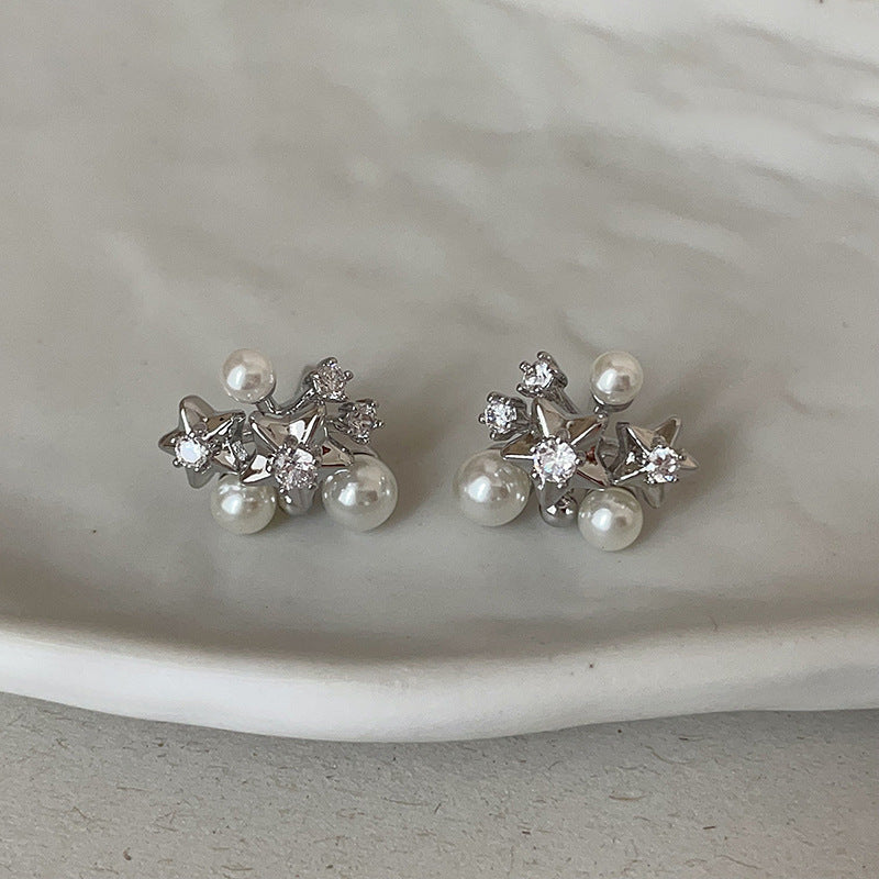 Star Pearl Rhinestone Stud Earrings — silver earrings, view 4