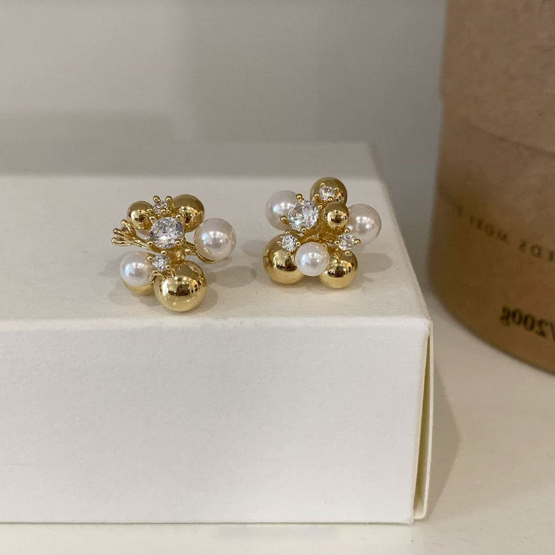 Pearl Floral Ball Stud Earrings — earrings, view 2