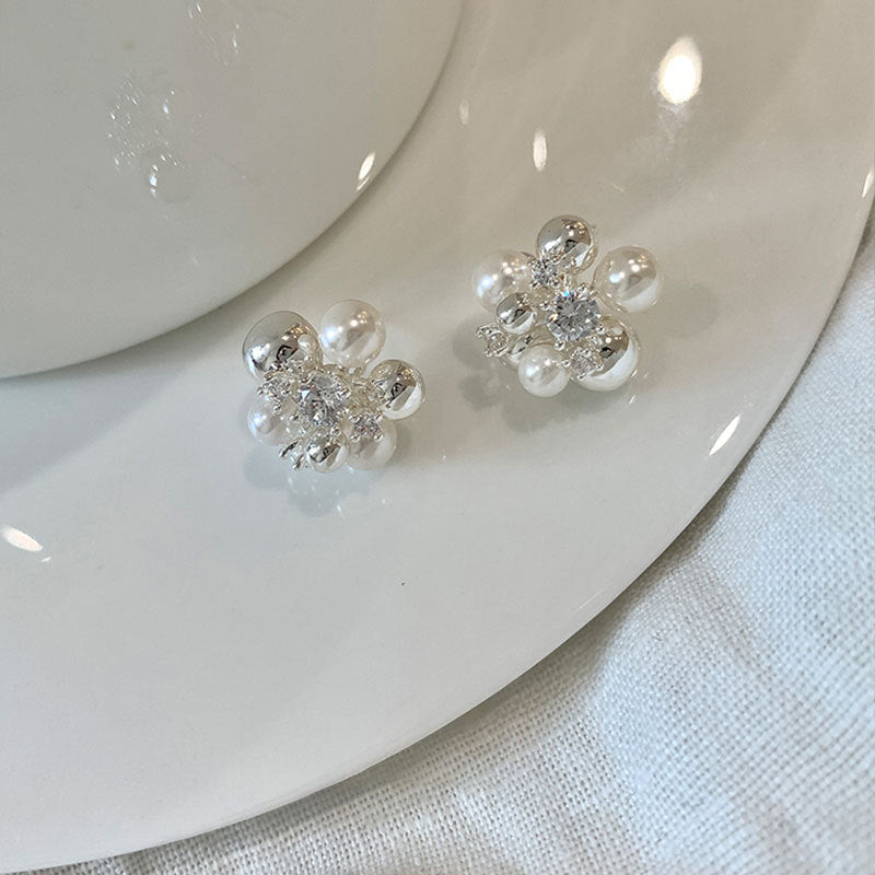 Pearl Floral Ball Stud Earrings — earrings, view 3
