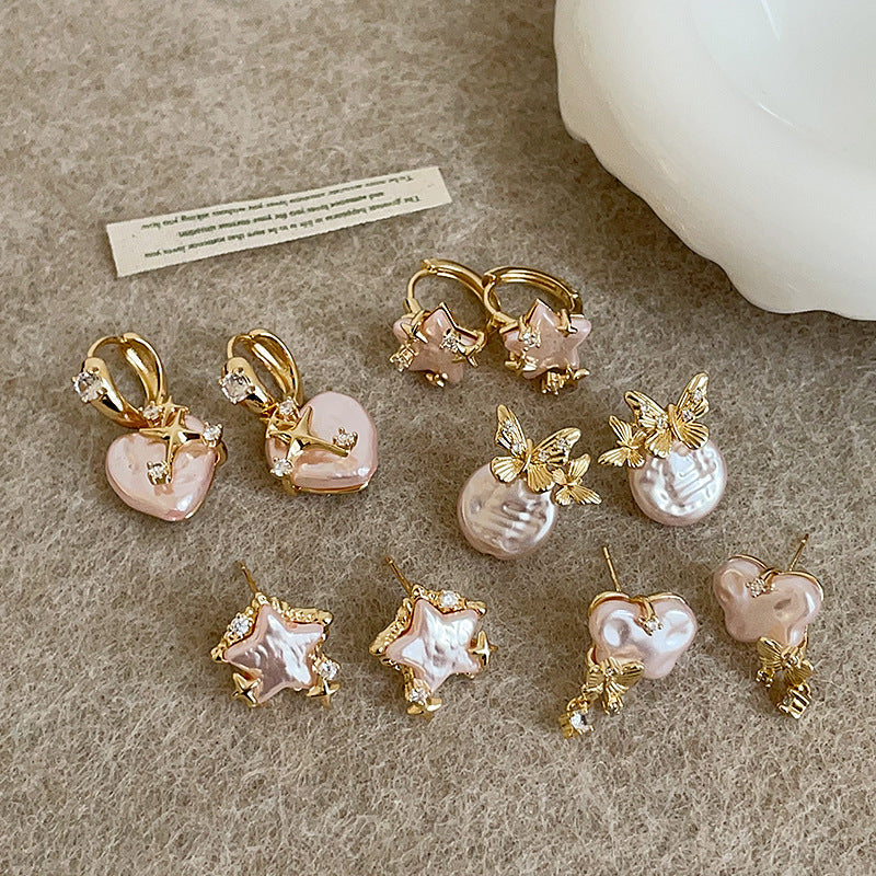Pink Pearl Star Hoop Earrings — gold earrings, view 2