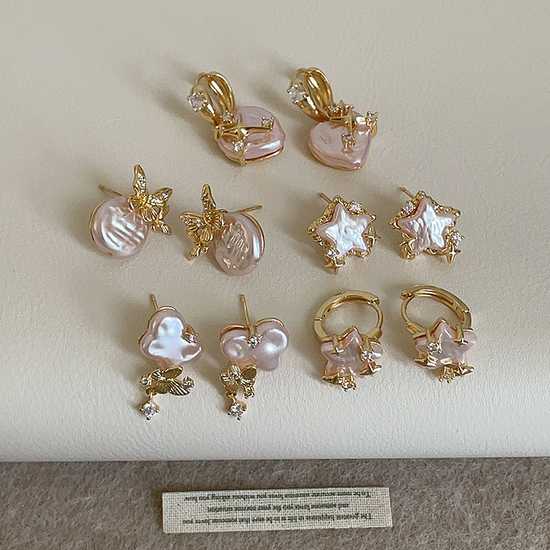 Pink Pearl Star Hoop Earrings — gold earrings, view 3