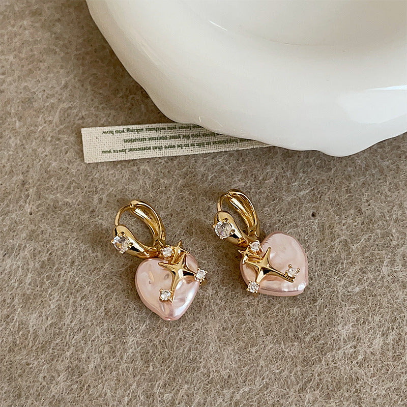 Pink Pearl Star Hoop Earrings — gold earrings, view 4