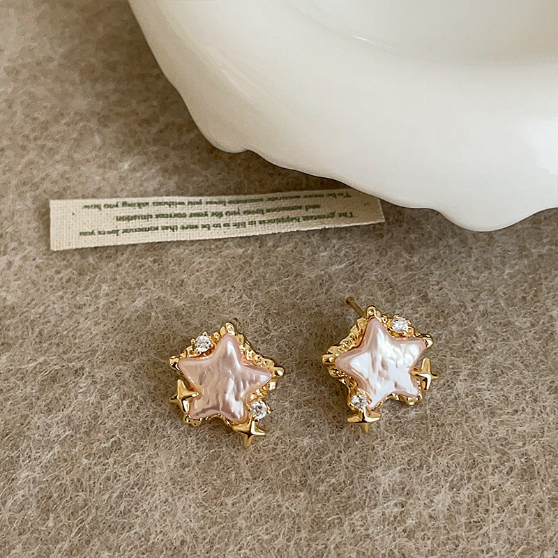 Pink Pearl Star Hoop Earrings — gold earrings, view 5