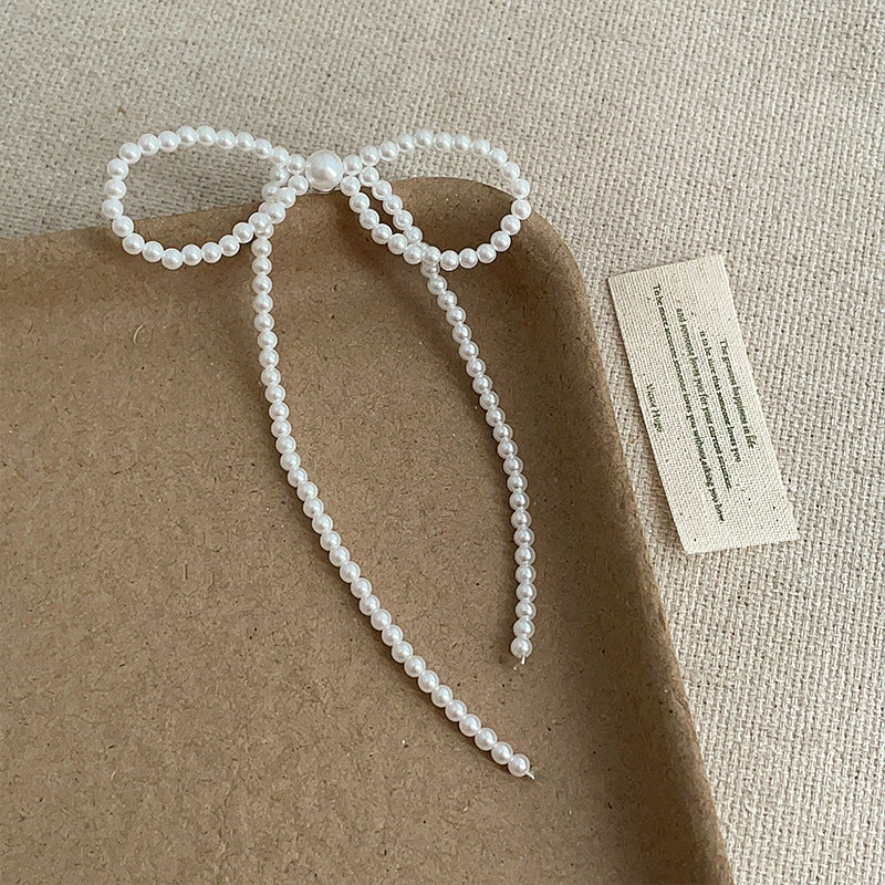 Large Pearl Bow Knot Dangle Earrings — white earrings, view 2