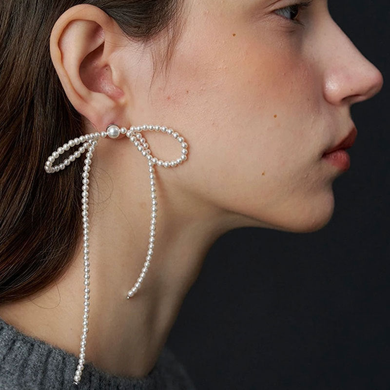 Large Pearl Bow Knot Dangle Earrings — white earrings, view 5