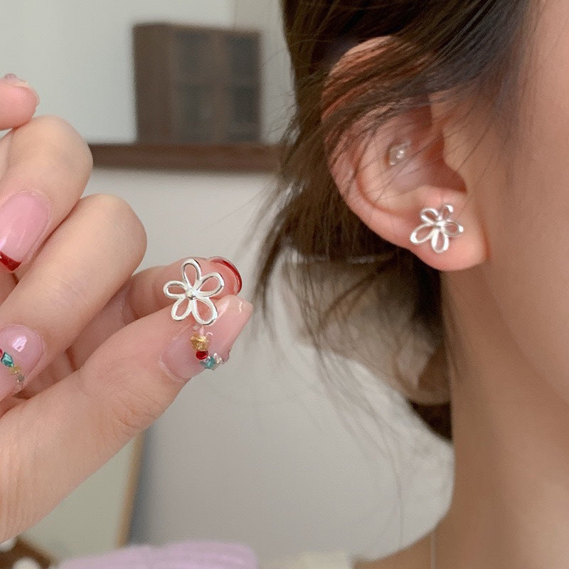 Fine Hollow-Out Flower Stud Earrings — silver earrings, view 3