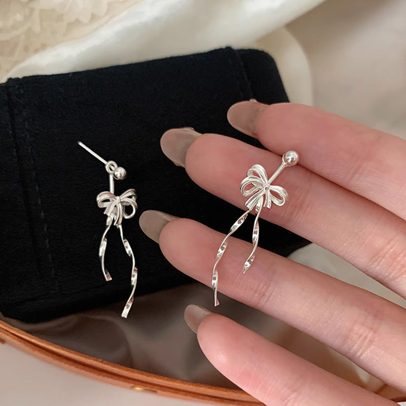 Silver Bowknot Tassel Earrings — silver earrings, view 2