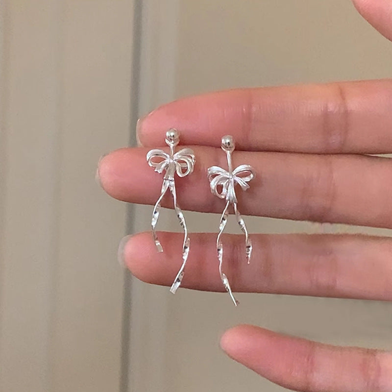 Silver Bowknot Tassel Earrings — silver earrings, view 4