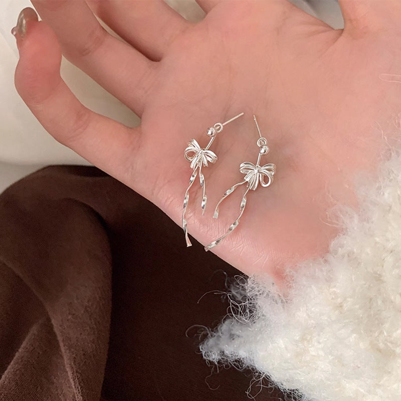 Silver Bowknot Tassel Earrings — silver earrings, view 5