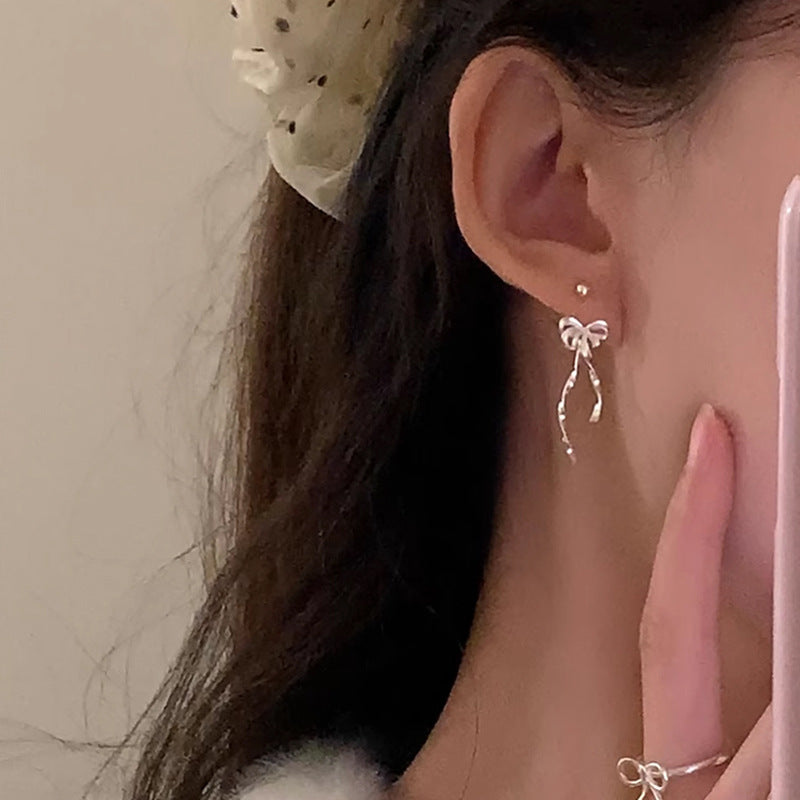 Silver Bowknot Tassel Earrings — silver earrings, view 6
