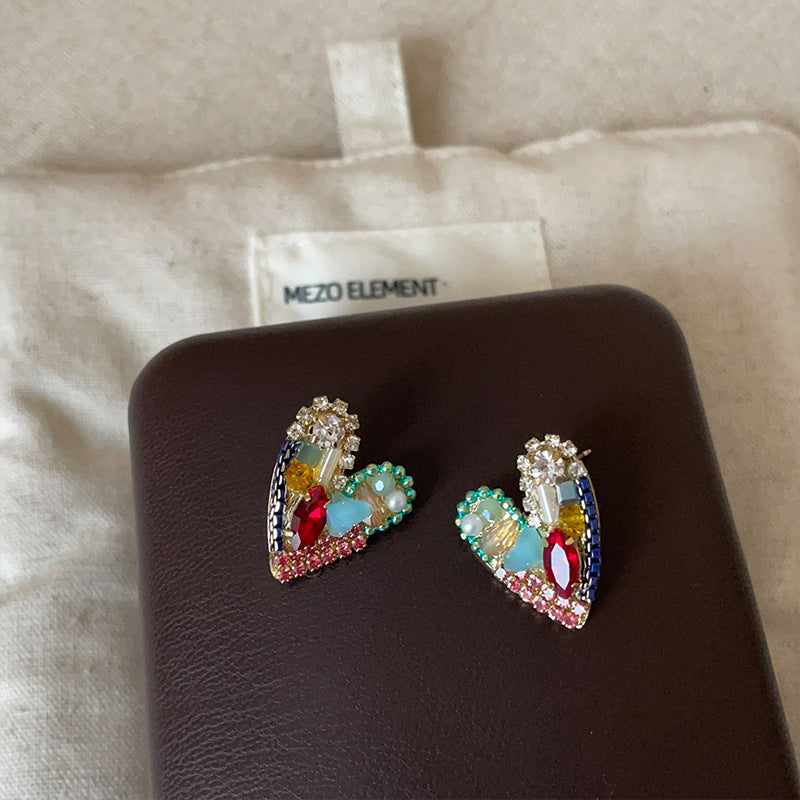 Colorful Crystal Heart Stud Earrings — colorful earrings, view 2