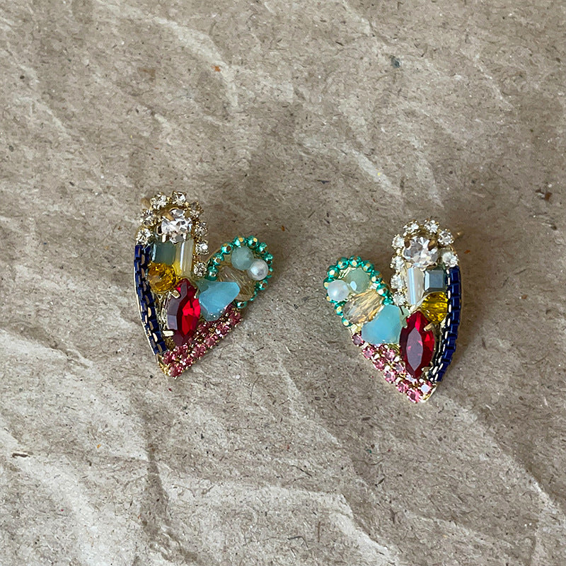 Colorful Crystal Heart Stud Earrings — colorful earrings, view 3
