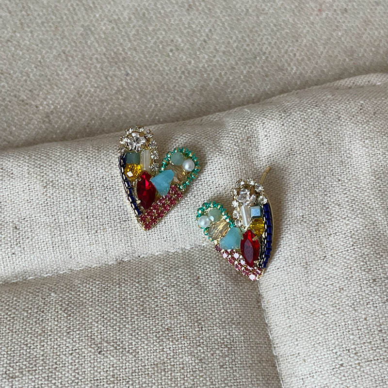 Colorful Crystal Heart Stud Earrings — colorful earrings, view 4