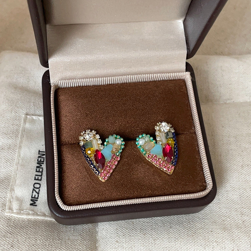 Colorful Crystal Heart Stud Earrings — colorful earrings, view 5
