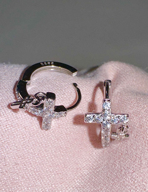 Cross Pendant Huggie Hoop Earrings — silver earrings