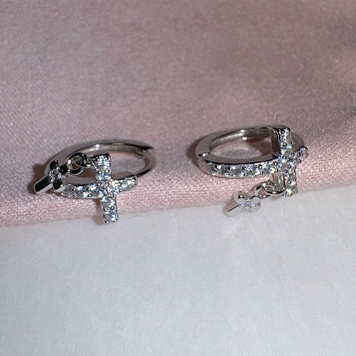Cross Pendant Huggie Hoop Earrings — silver earrings, view 2
