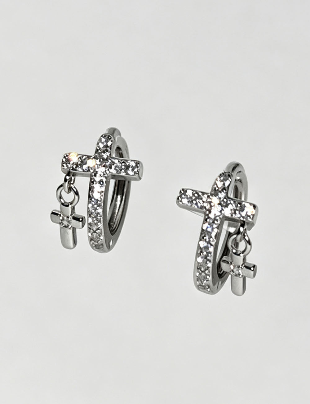 Cross Pendant Huggie Hoop Earrings — silver earrings, view 3