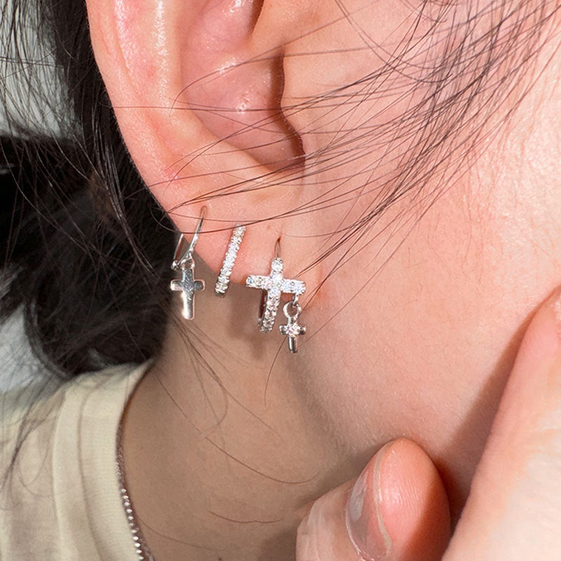 Cross Pendant Huggie Hoop Earrings — silver earrings, view 4