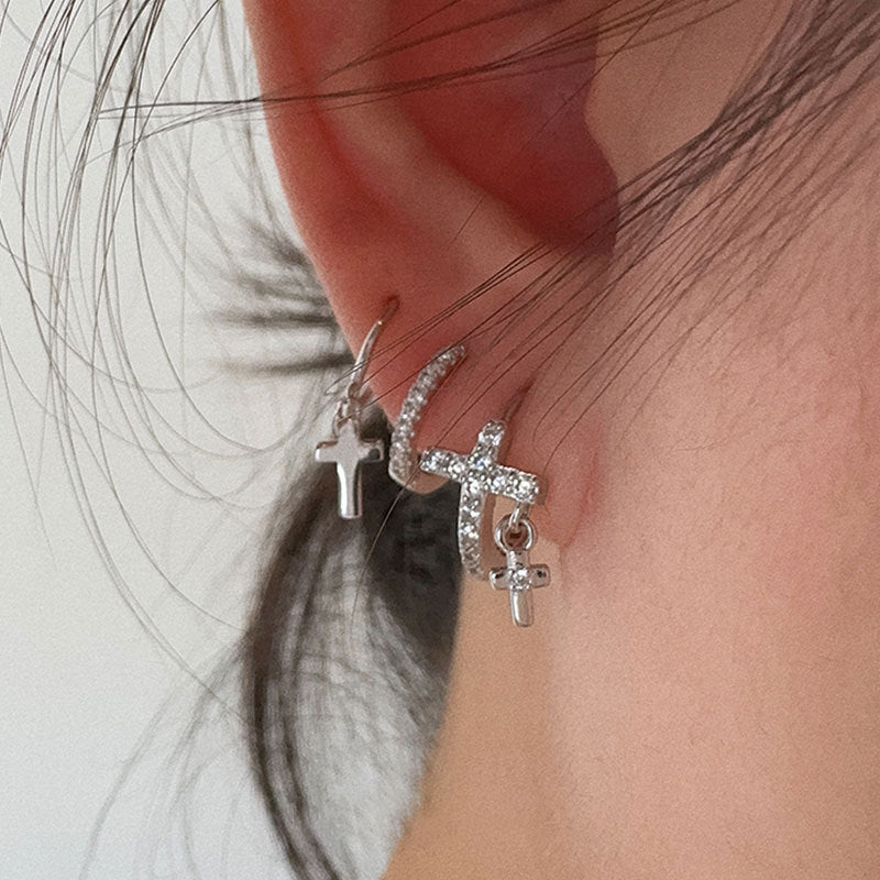 Cross Pendant Huggie Hoop Earrings — silver earrings, view 5
