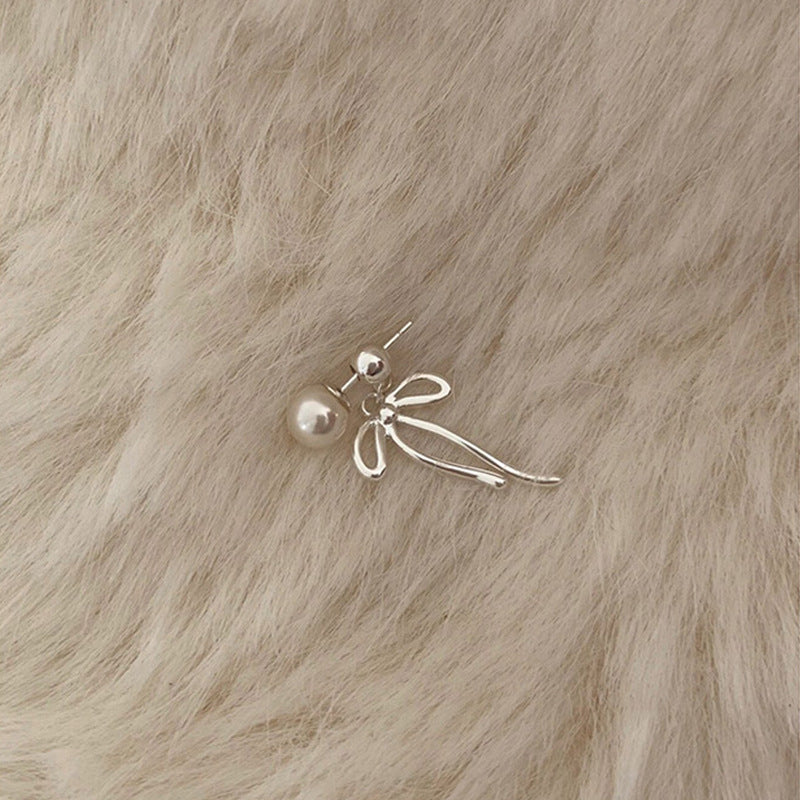 Pearl Bow Knot Tassel Studs — silver earrings, view 2