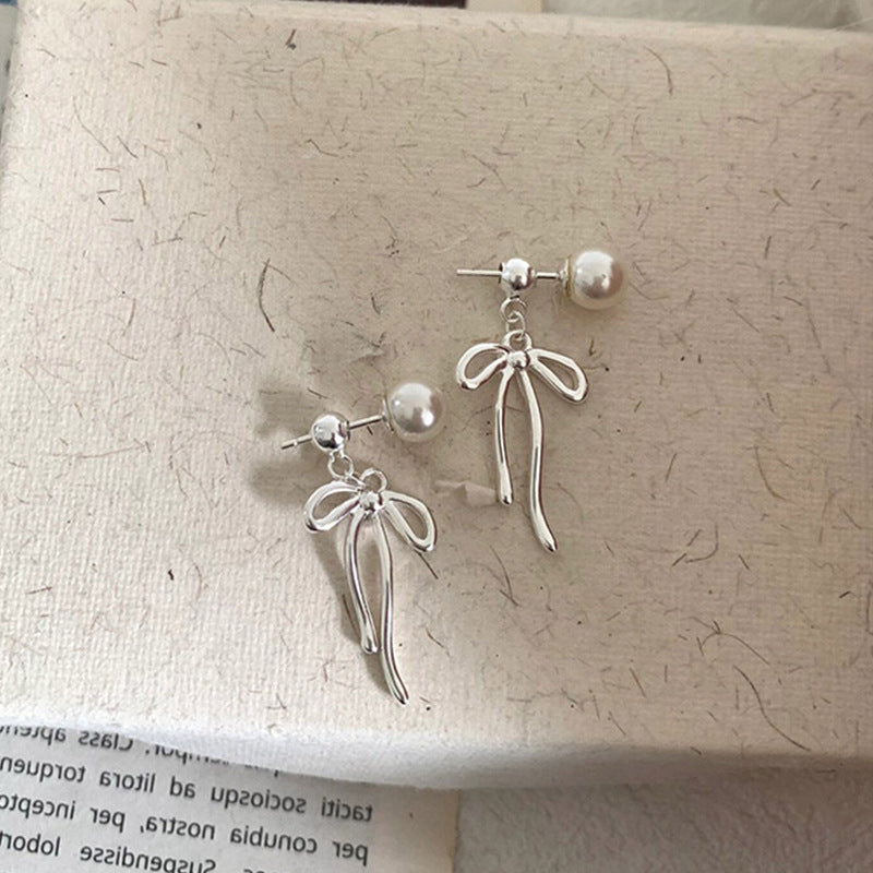 Pearl Bow Knot Tassel Studs — silver earrings, view 3