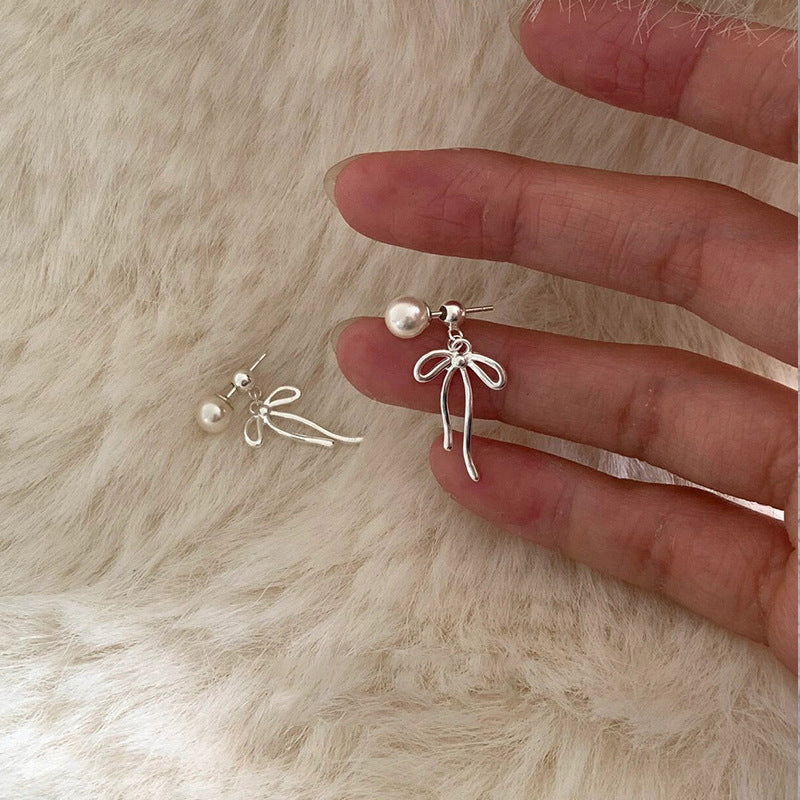 Pearl Bow Knot Tassel Studs — silver earrings, view 4