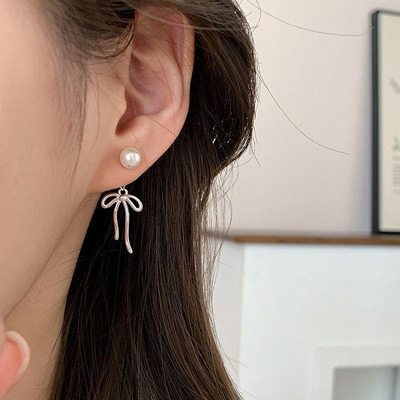 Pearl Bow Knot Tassel Studs — silver earrings, view 6
