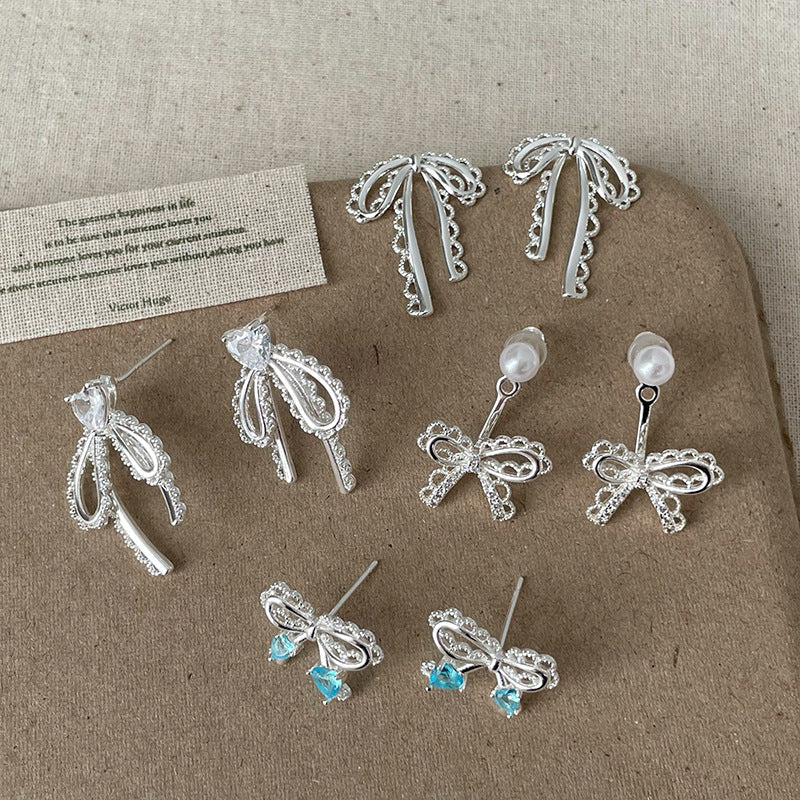Bow Knot Cubic Zirconia Studs — silver earrings, view 2