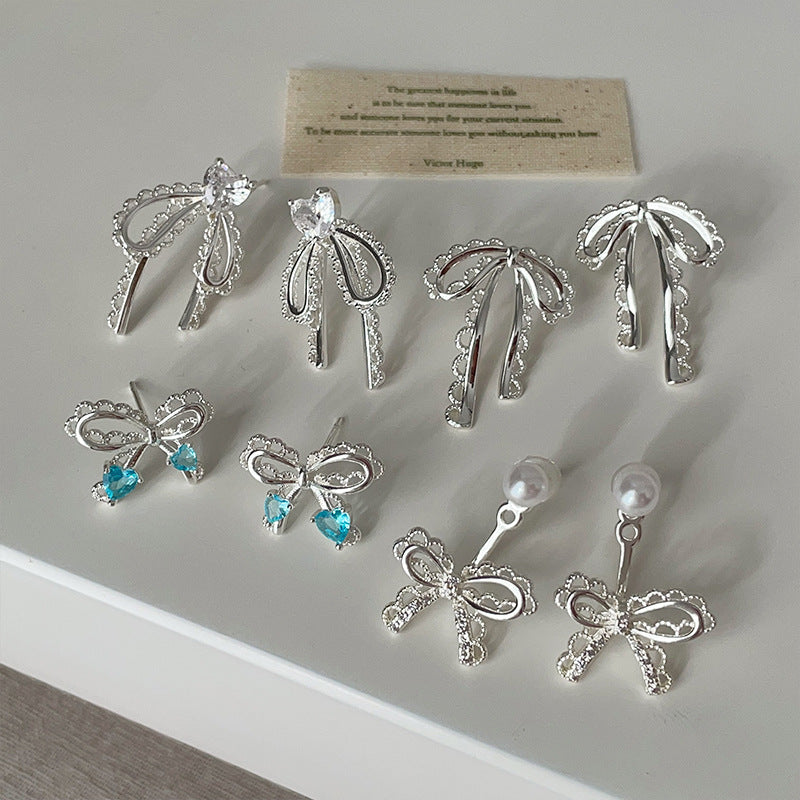 Bow Knot Cubic Zirconia Studs — silver earrings, view 3
