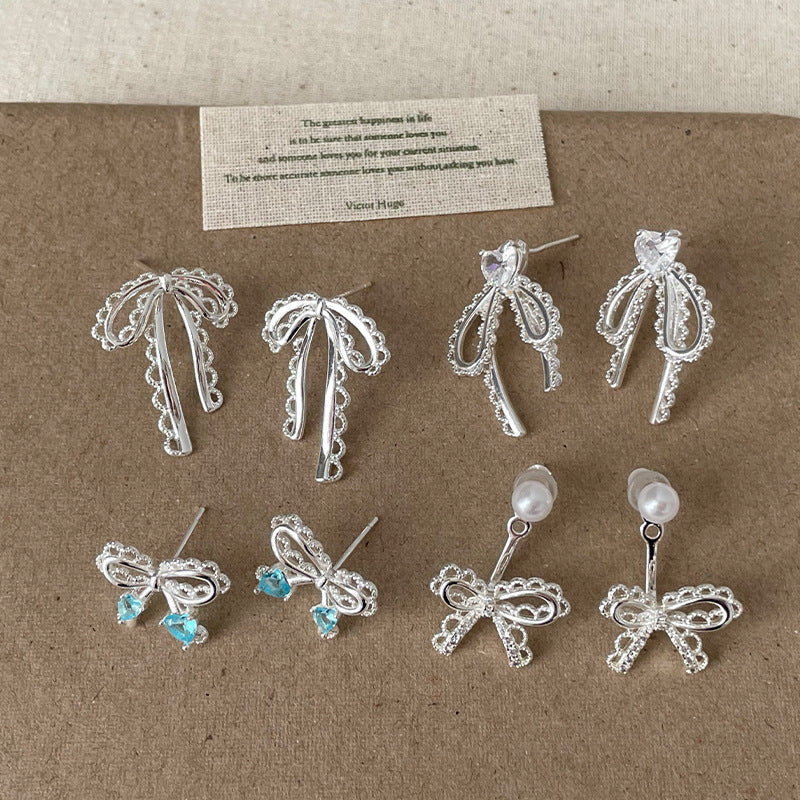 Bow Knot Cubic Zirconia Studs — silver earrings, view 4