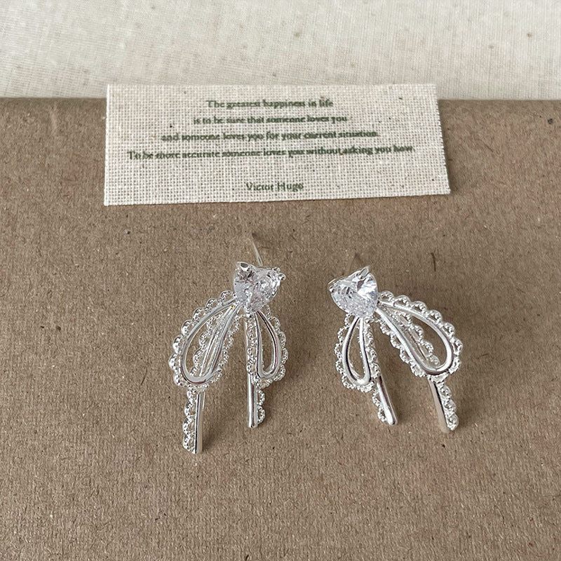 Bow Knot Cubic Zirconia Studs — silver earrings, view 6