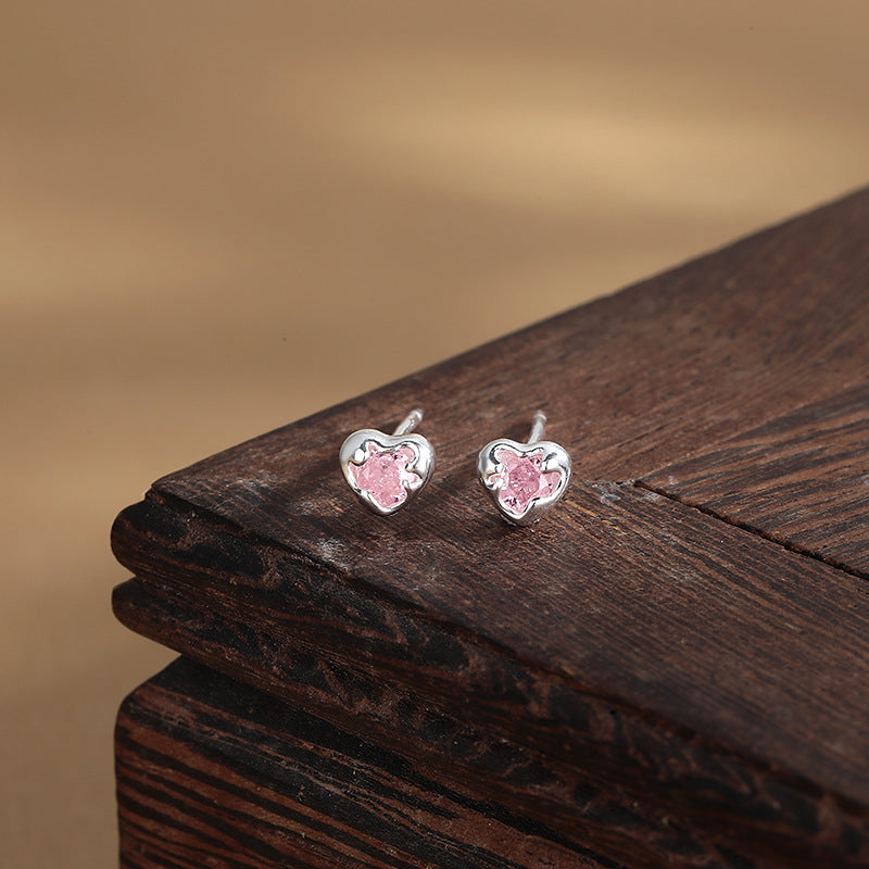 Silver Tone Heart Stud Earrings — silver earrings, view 2
