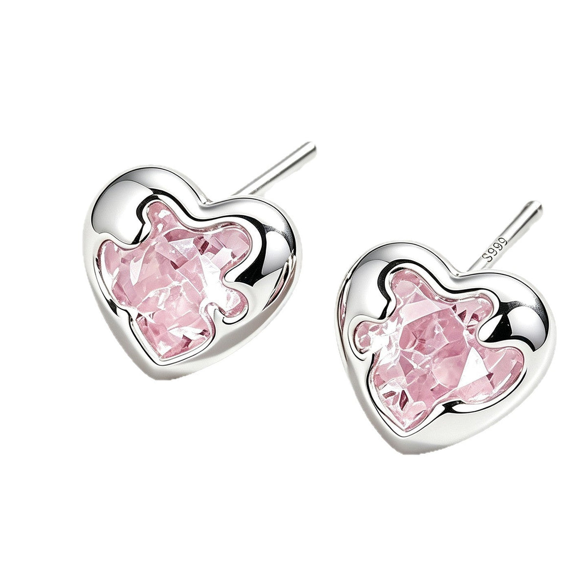 Silver Tone Heart Stud Earrings — silver earrings, view 6