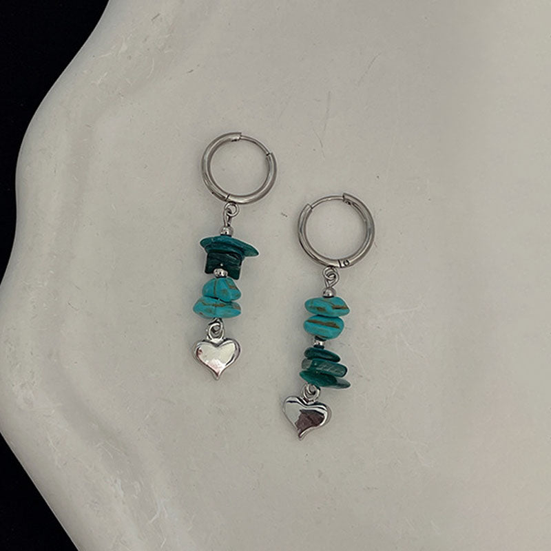 Turquoise Heart Pendant Hoop Earrings — silver earrings, view 2
