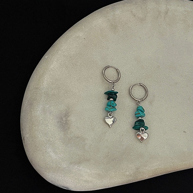 Turquoise Heart Pendant Hoop Earrings — silver earrings, view 3
