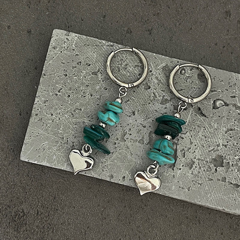 Turquoise Heart Pendant Hoop Earrings — silver earrings, view 4