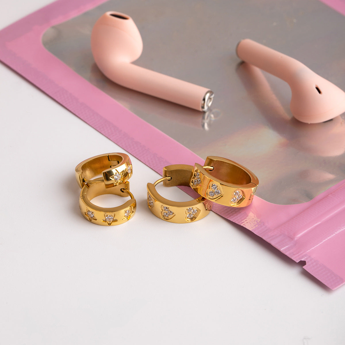 Star Shape Rhinestone Hoop Earrings — gold earrings, view 2